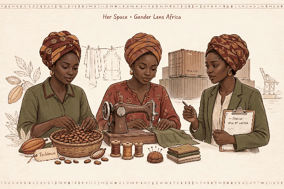 Illustration of three Ghanaian women — sorting cocoa, sewing a garment, and reviewing a procurement clipboard — with shipping containers behind them