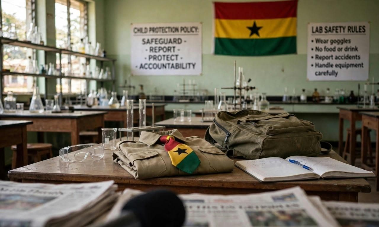 A science laboratory with a folded school uniform and Ghana flag tie on a desk, a child protection policy poster and Ghana flag on the wall, newspapers and a microphone in the foreground