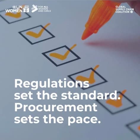 A hand ticking a checklist under the UN Women and Global Supply Chain Coalition marks, with the line Regulations set the standard. Procurement sets the pace.